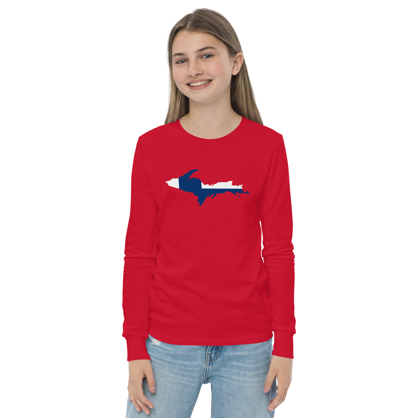 Michigan Upper Peninsula T-Shirt (w/ UP Finland Flag Outline) | Youth Long Sleeve