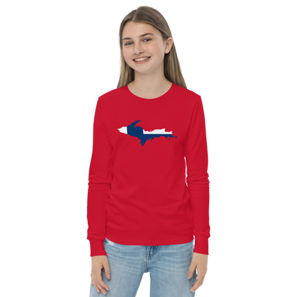 Michigan Upper Peninsula T-Shirt (w/ UP Finland Flag Outline) | Youth Long Sleeve