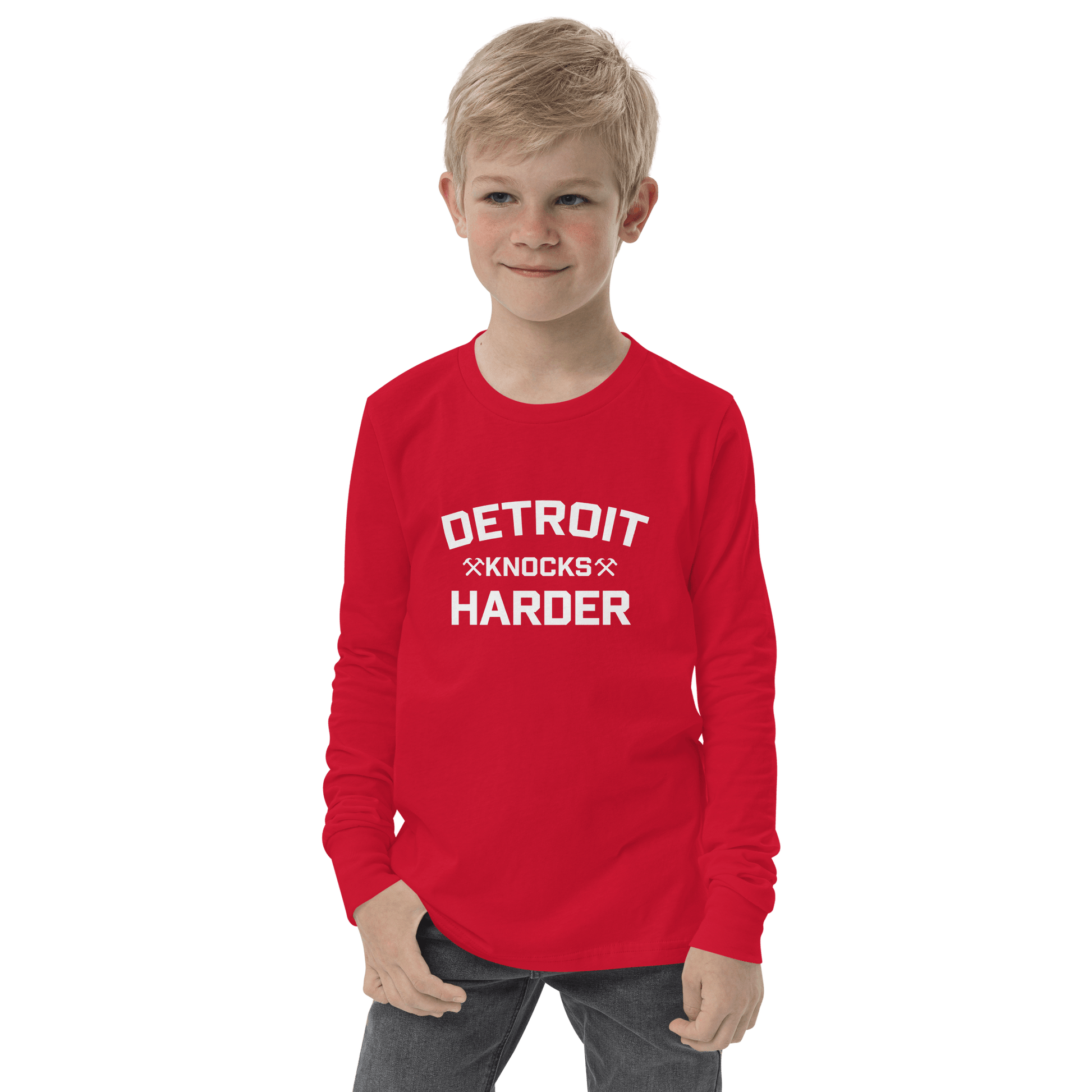 'Detroit Knocks Harder' T-Shirt | Unisex Youth Long Sleeve - Circumspice Michigan