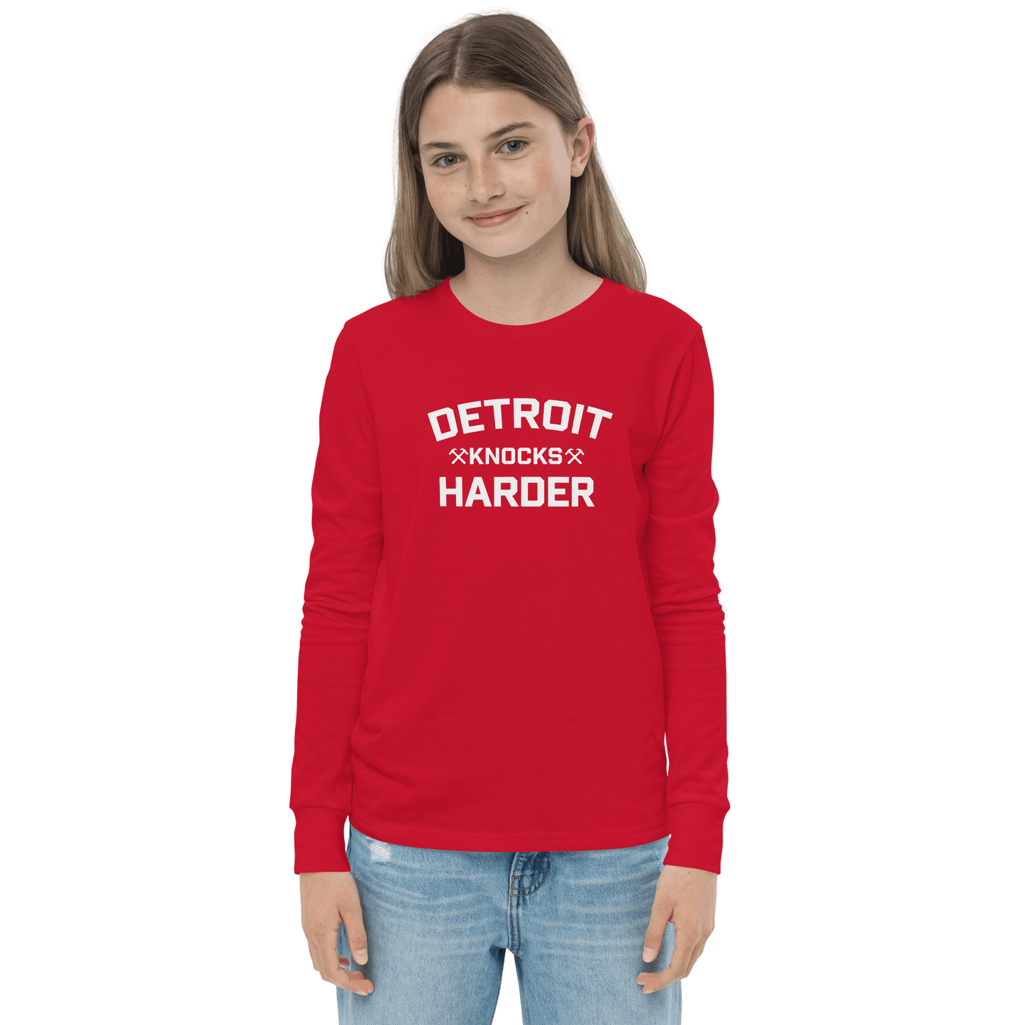 'Detroit Knocks Harder' T-Shirt | Unisex Youth Long Sleeve - Circumspice Michigan