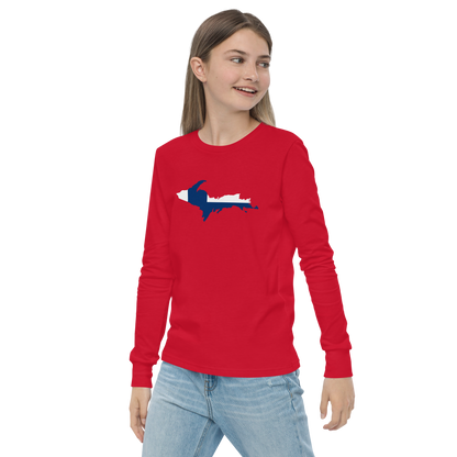 Michigan Upper Peninsula T-Shirt (w/ UP Finland Flag Outline) | Youth Long Sleeve