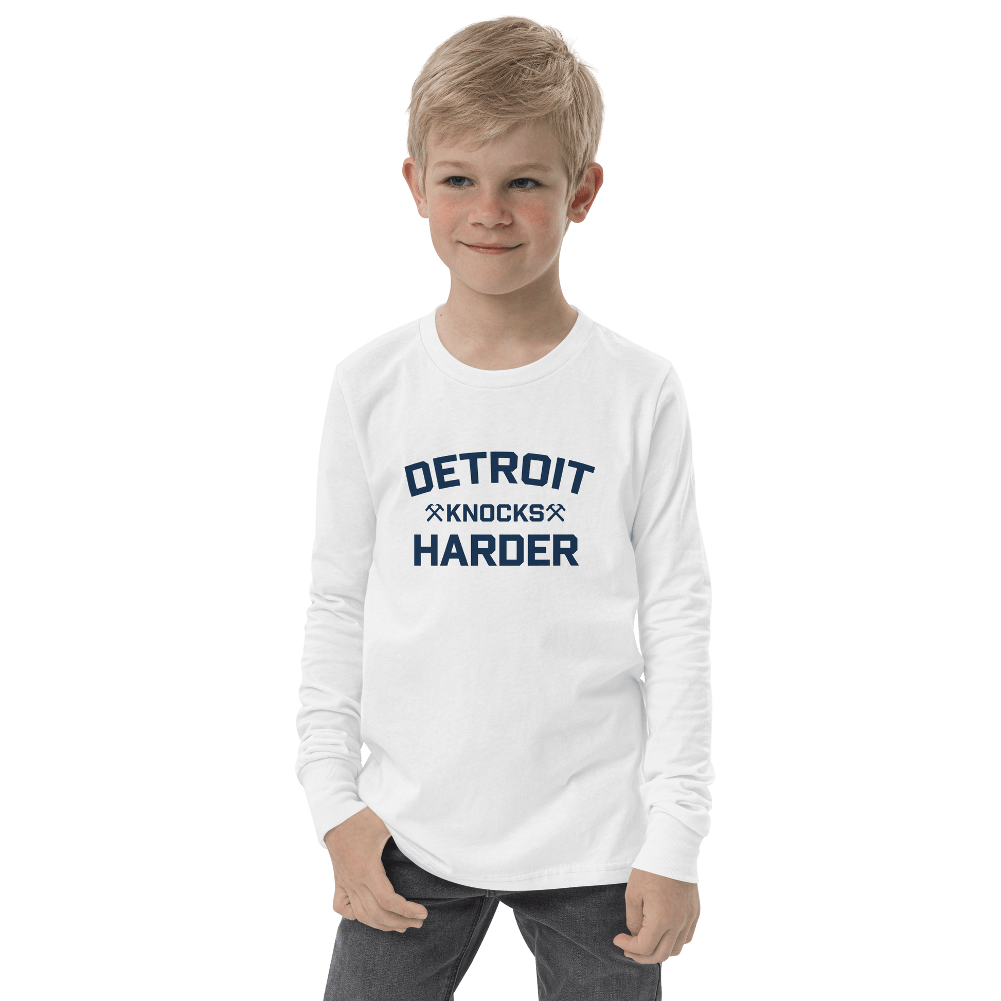 'Detroit Knocks Harder' T-Shirt | Unisex Youth Long Sleeve - Circumspice Michigan