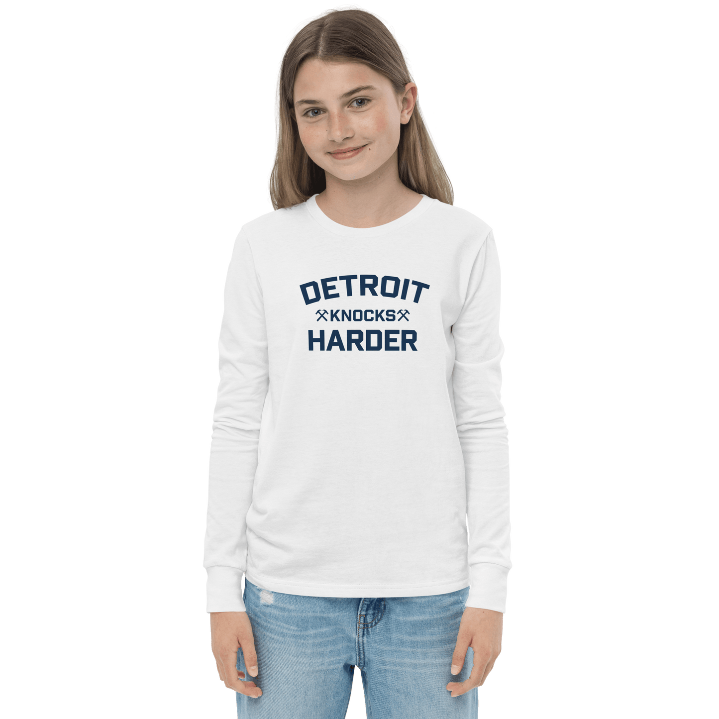 'Detroit Knocks Harder' T-Shirt | Unisex Youth Long Sleeve - Circumspice Michigan