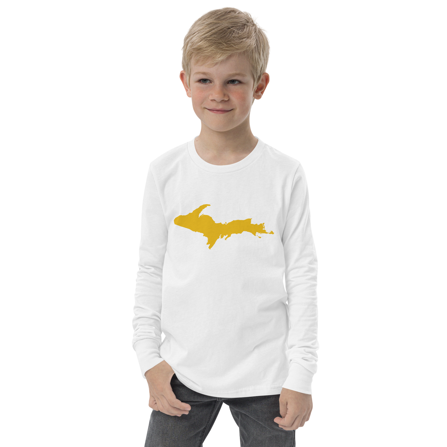 Michigan Upper Peninsula T-Shirt (w/ Gold UP Outline) | Youth Long Sleeve