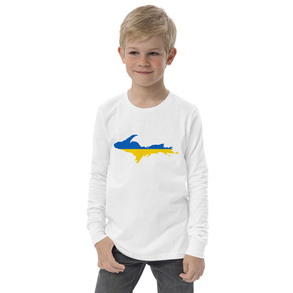 Michigan Upper Peninsula T-Shirt (w/ UP Ukraine Flag Outline) | Youth Long Sleeve