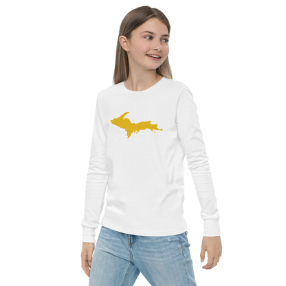Michigan Upper Peninsula T-Shirt (w/ Gold UP Outline) | Youth Long Sleeve
