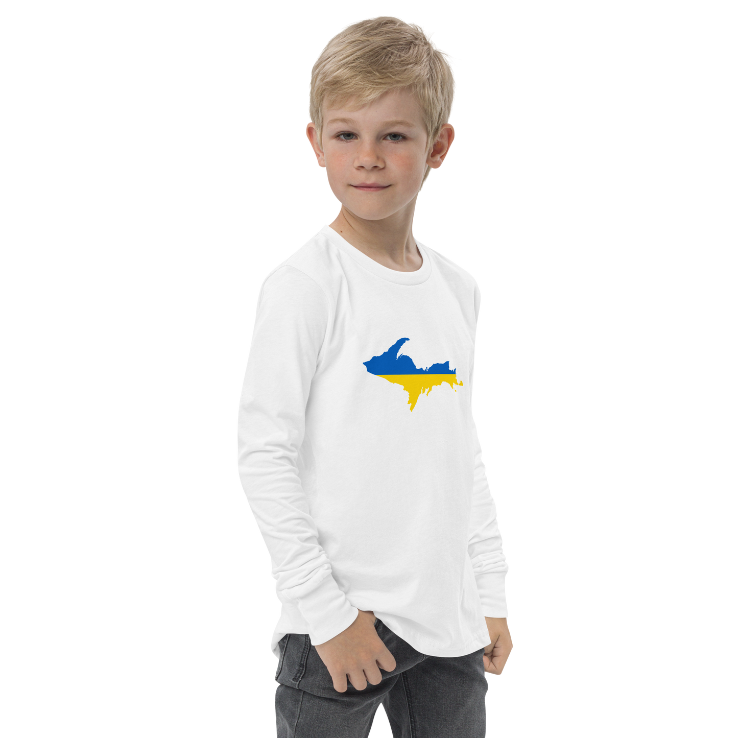 Michigan Upper Peninsula T-Shirt (w/ UP Ukraine Flag Outline) | Youth Long Sleeve